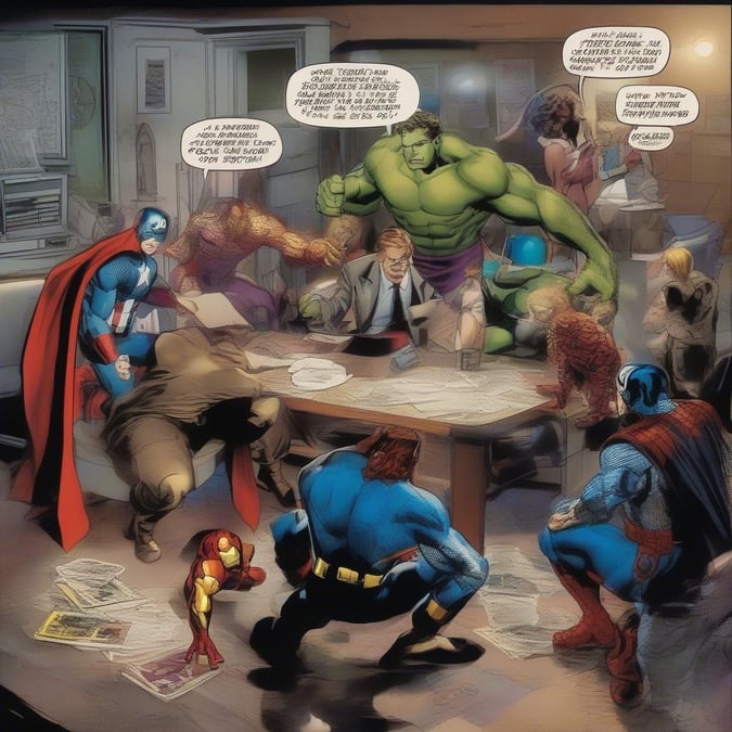 This wallpaper showcases a group of superheroes gathered around a table, surrounded by comic books and papers. The scene is filled with action and energy, as the heroes are depicted in various poses, some standing, some sitting, and others leaning against the table. The background is a muted color, which helps to focus attention on the characters and their interactions.