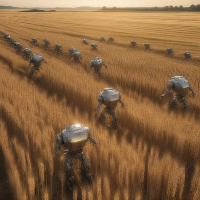 A group of metallic robots working together in a field of golden grain, hinting at the future of agriculture.