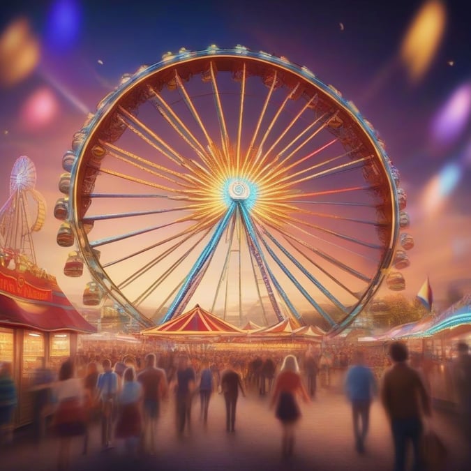 Lively scene at the iconic Oktoberfest festival, with a crowd enjoying the famous blue ferris wheel at dusk. Festive ambiance captured in this image.