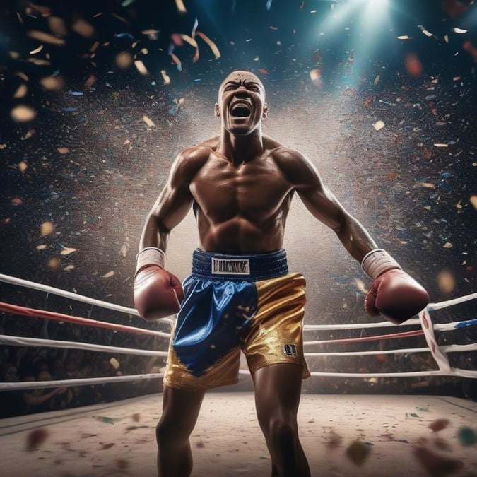 A jubilant athlete in boxing attire, standing on the ring with arms triumphantly raised and a wide smile on his face.