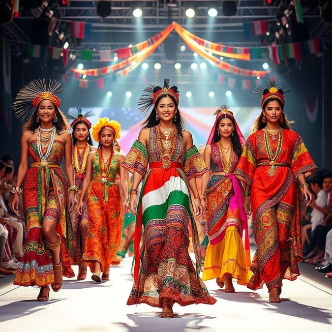 Embracing the spirit of Independence Day, this vibrant fashion showcase highlights traditional garments from various countries, adorned by models in a festive display that brings global cultures to life.