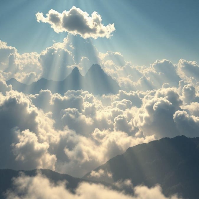 Majestic mountain peaks reach towards the sky, as seen through a veil of clouds that are illuminated by sunbeams shining from the top.