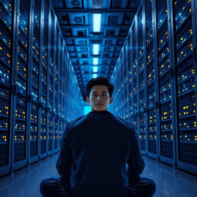 A young man sits in front of an array of servers, overseeing the digital infrastructure. The image conveys a sense of technology, efficiency, and connectivity.