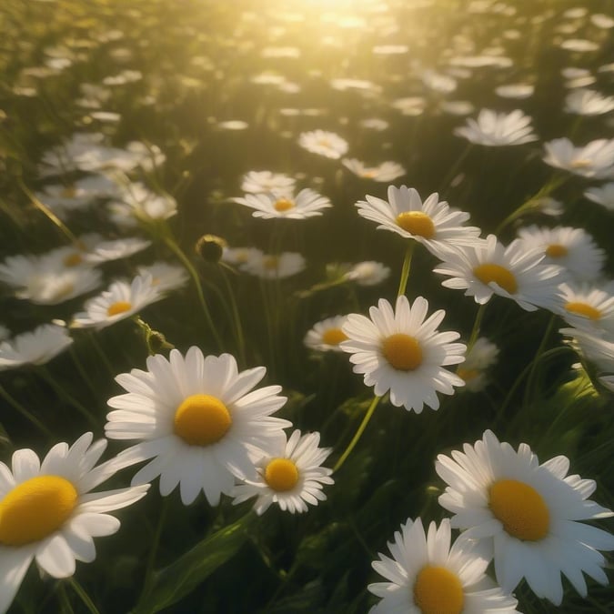 A vibrant field of wildflowers, with daisies in full bloom under the warm glow of the sun.