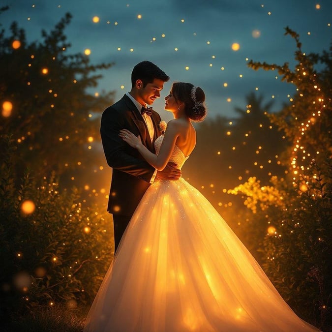 A couple shares a romantic moment amidst a magical night at their wedding.