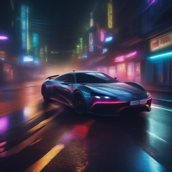 Sleek modern electric sports car driving through a vibrant neon lit city street.