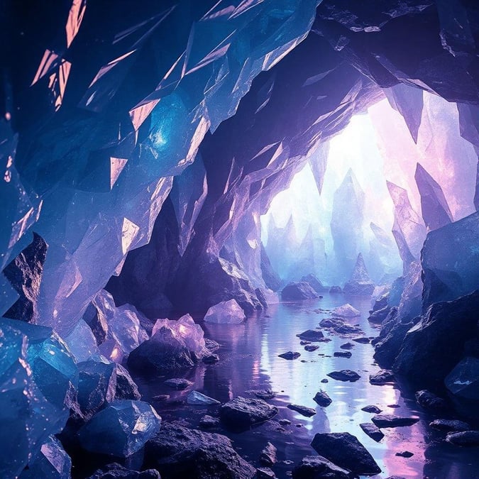 Dive into an icy wonderland where blue and purple hues reflect off the walls and floor of this crystal cave. This stunning abstract wallpaper is a journey into a mystical realm, with intricate formations that create a mesmerizing display.