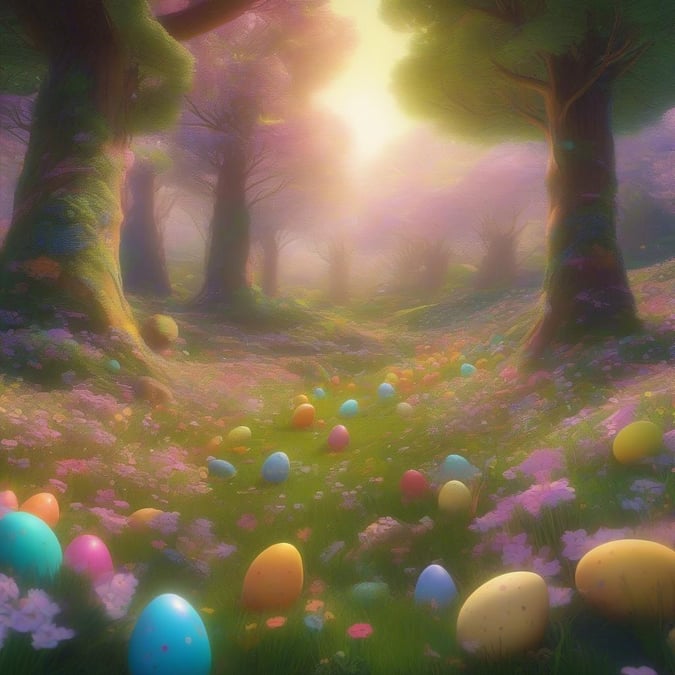 A delightful scene set in an enchanting forest filled with vibrant flowers and colorful Easter eggs scattered across a lush green landscape under the soft glow of sunrise.