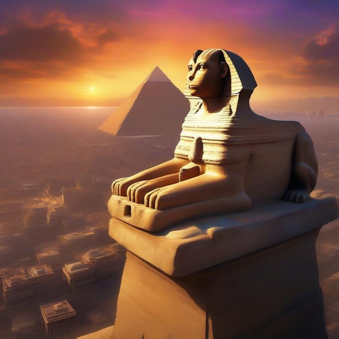 A magical view of the pyramids glowing against the sunset, with the iconic Sphinx statue overlooking Egypt.