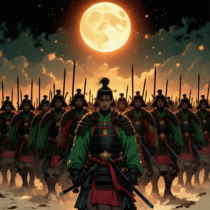 A detailed anime illustration featuring a group of samurai warriors standing in a guardian-style formation, their vibrant green and red attire contrasting the dark background. The scene is awash with warm light, with a full moon above them, creating an Anime-like atmosphere.