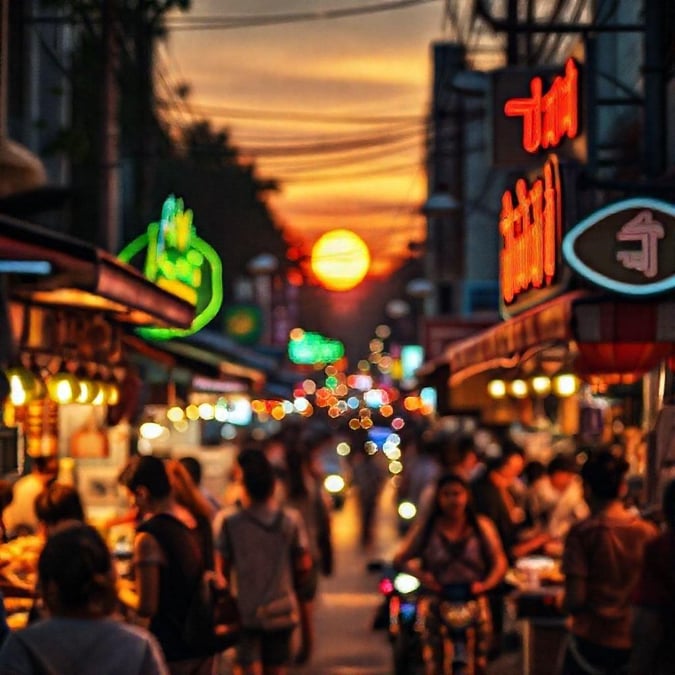 This image captures the vibrant energy of a city at sunset, with people going about their daily lives amidst the colorful lights and bustling streets.