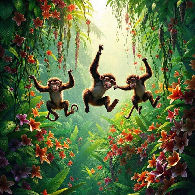 A group of monkeys enjoying an exuberant swing through the rainforest. A lively scene capturing the spirit of wildlife exploration.