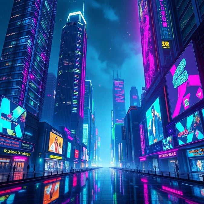 A neon-lit cyberpunk metropolis, rain-soaked streets reflecting towering digital billboards and futuristic skyscrapers under a dark sky.