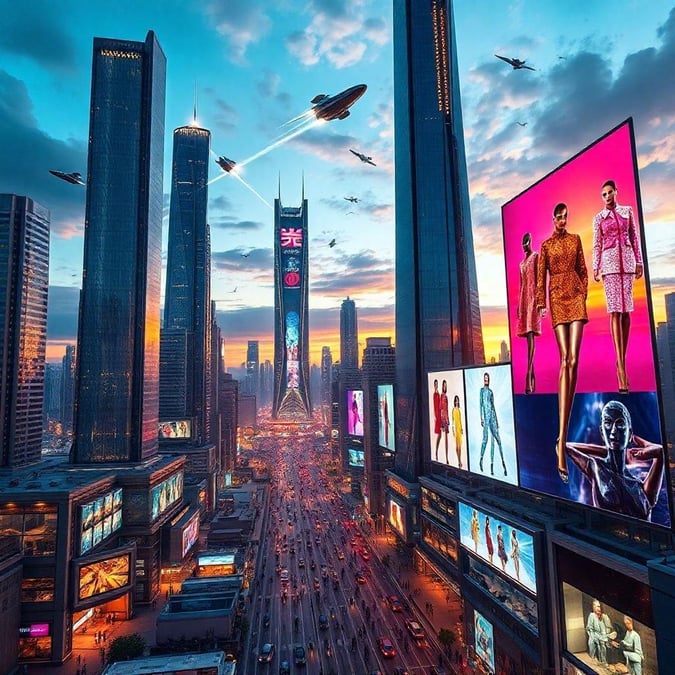 A bustling cityscape at dusk with tall buildings reaching towards the sky. Numerous billboards light up the streets below, creating a vibrant contrast against the fading daylight.