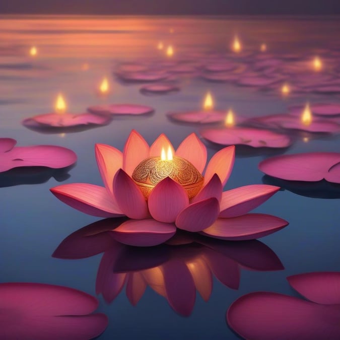 This serene image features a lotus flower floating on the water, creating a peaceful and calming atmosphere.