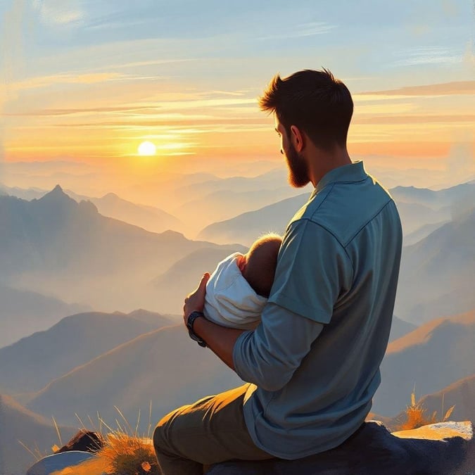 A father enjoys a moment with his child during a breathtaking sunset on the mountain top.