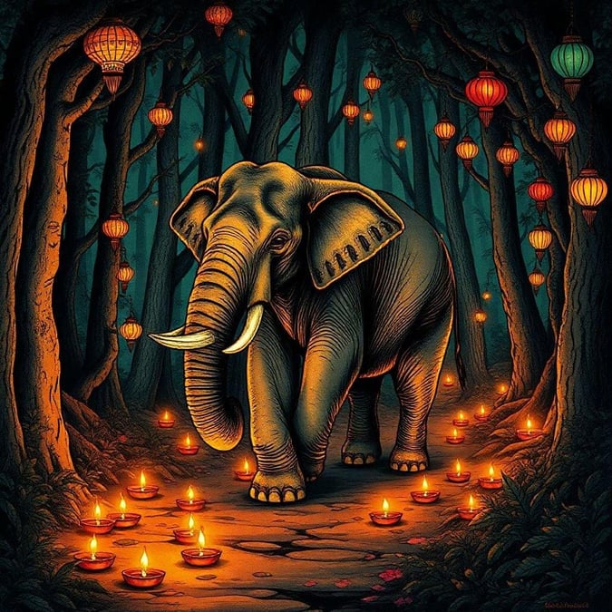 This beautiful wallpaper features an elephant walking through a forest during the Diwali festival. The elephant is surrounded by colorful lanterns and diyas, creating a festive and joyful atmosphere. The image is perfect for desktop and mobile use, and is sure to add a touch of cultural celebration to any device.