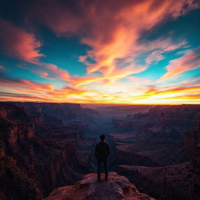 Experience the breathtaking beauty of a desert canyon at sunrise, as the sky transitions from warm hues to cool tones with clouds softly forming.