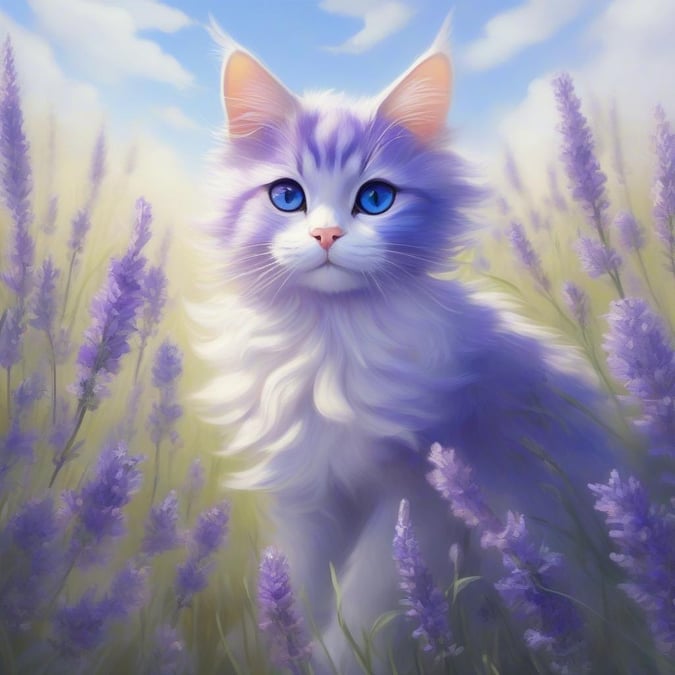 This anime-style digital illustration features a majestic, winged cat with blue and white stripes soaring through a vibrant field of purple lavender. The cat's expressive eyes are fixed forward, conveying a sense of serene flight. The artwork is meticulously detailed, showcasing the grace and elegance of this mythical creature against the backdrop of a natural landscape.