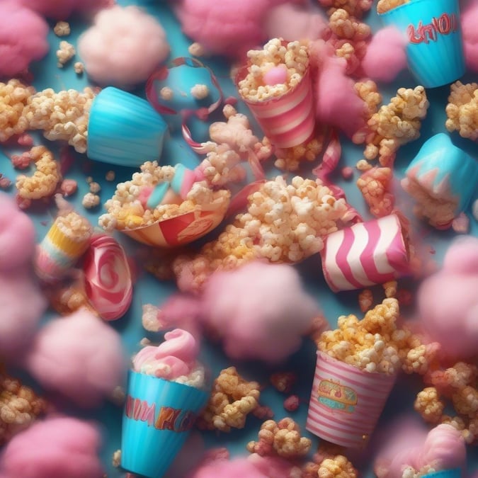 A whimsical scene celebrating the sweetness of life at the carnival with colorful cotton candy, popcorn, and a soft cloudy backdrop that makes you want to dive right in!