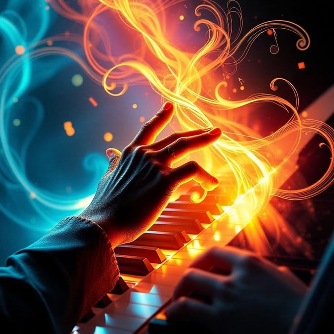 This stunning image captures the essence of music in motion, with a hand playing the piano surrounded by a vibrant, glowing effect. The bright colors and dynamic lighting effects create a sense of energy and creativity, making this image perfect for anyone who loves music.