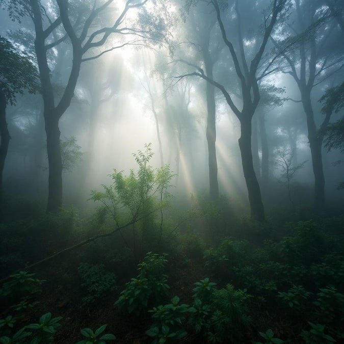 A serene and mystical forest scene on a foggy morning, with the sun peeking through the trees.