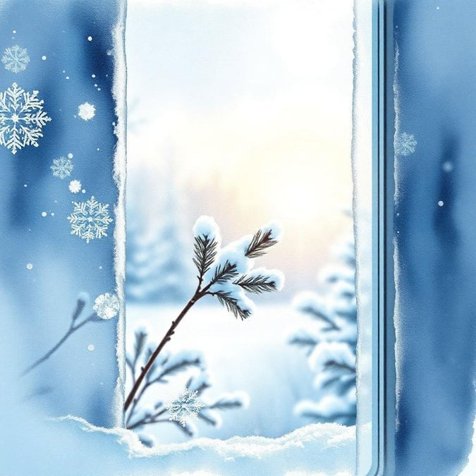 A cozy scene with a window frosted by snow, showcasing the beauty of winter. This water and ice-themed wallpaper would be perfect for a chilly day.