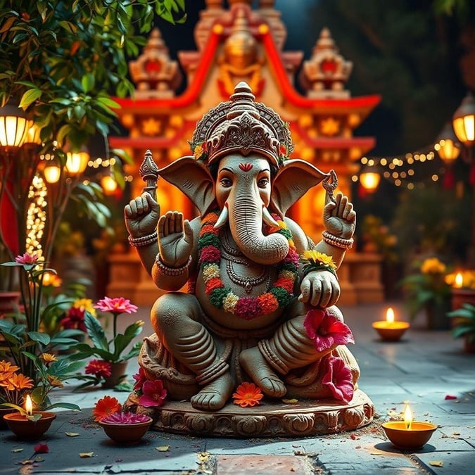 A vibrant Diwali scene featuring a beautifully decorated Ganesh statue, symbolizing wisdom and good fortune. The temple-like structure in the background adds to the festive atmosphere.