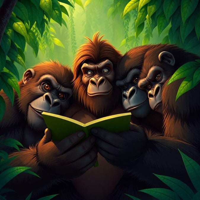 Four monkeys from the jungle share in on a story, each one with a different reaction as they listen to their friend reading out loud.