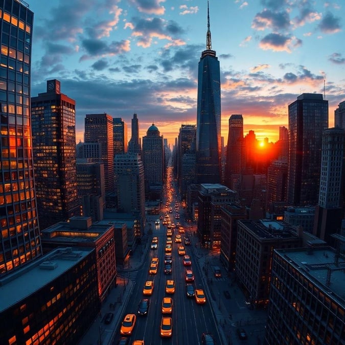 A picturesque view of the city skyline during dusk, illuminated by the warm glow of the setting sun.