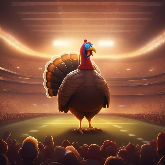 In this vibrant Thanksgiving scene, a large turkey takes center stage on the football field. The crowd looks on in anticipation as the turkey struts confidently across the stadium turf, ready to score!