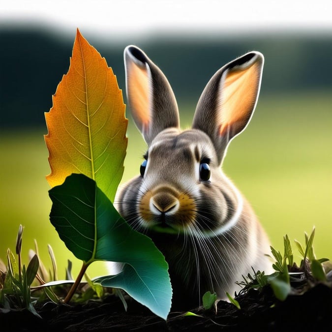 Adorable bunny with big ears peeks out from behind leafy green foliage, a perfect seasonal wallpaper for your devices.