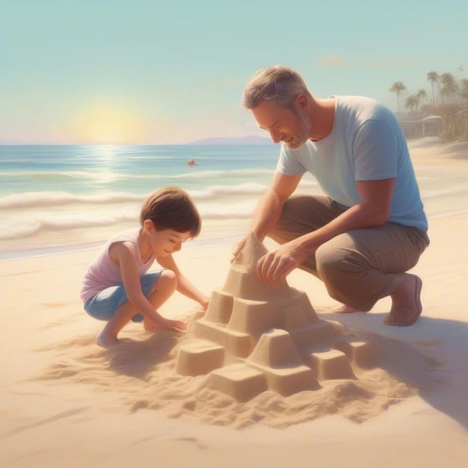 Celebrate Father's Day with a heartwarming scene on the beach. A man and his daughter are building a sand castle together, enjoying a special bonding moment under the warm sun.