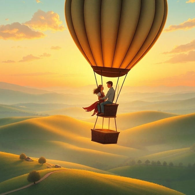 Experience the thrill of a romantic hot air balloon ride with your loved one, soaring above rolling hills and lush greenery.