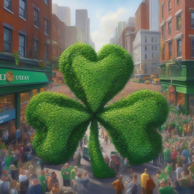 Get into the spirit of St. Patrick’s Day with this vibrant wallpaper featuring a giant shamrock at the center of a lively street parade. The shamrock, a symbol of Ireland and good luck, is surrounded by people dressed in green, adding to the festive atmosphere. The background is a blurred cityscape, with buildings and skyscrapers visible in the distance. The overall effect is one of joy and celebration, perfect for anyone looking to add a touch of Irish flair to their desktop or mobile device.