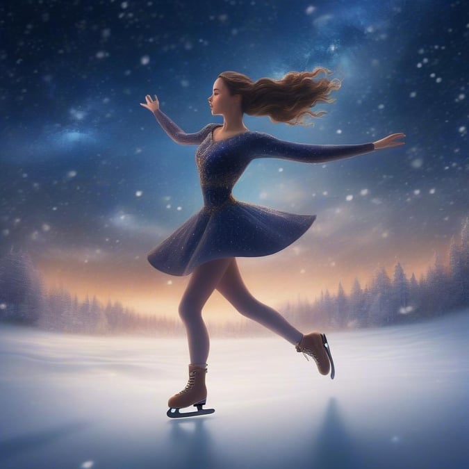 A beautiful figure skater in mid-twirl, enjoying the crisp winter air. She's dressed for the chill, with a gorgeous glittering dress that shimmers like ice.