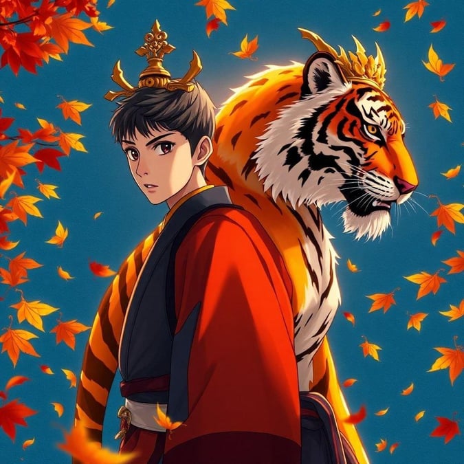 This stunning anime wallpaper features a young samurai standing back-to-back with a majestic tiger, surrounded by autumn leaves. The tiger's body is a kaleidoscope of orange and yellow, adorned with a golden headpiece, while the tiger's head adds a whimsical touch. The deep blue background adds depth, highlighting the tiger's presence in the scene.