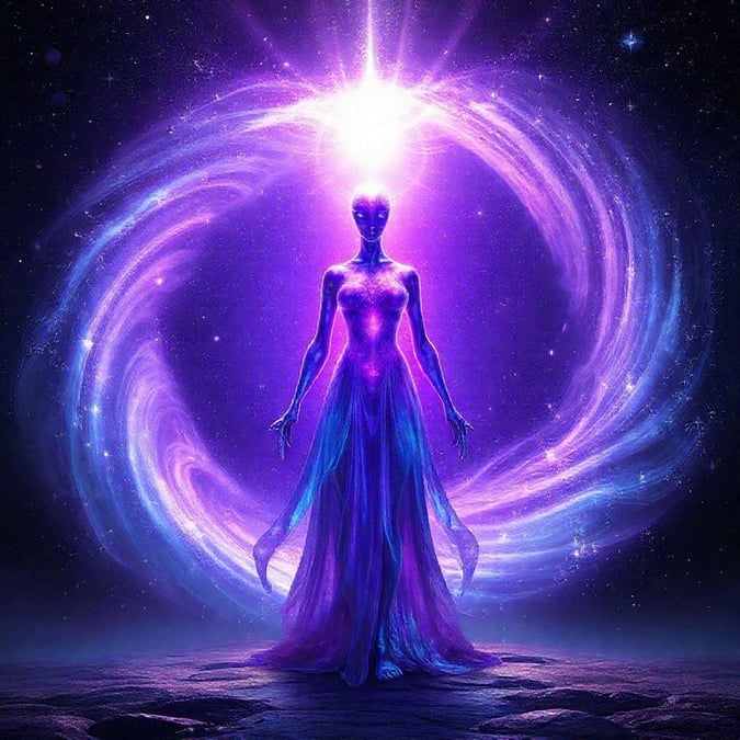 A captivating digital artwork featuring a woman in a flowing dress, surrounded by a swirling vortex of purple and blue colors.