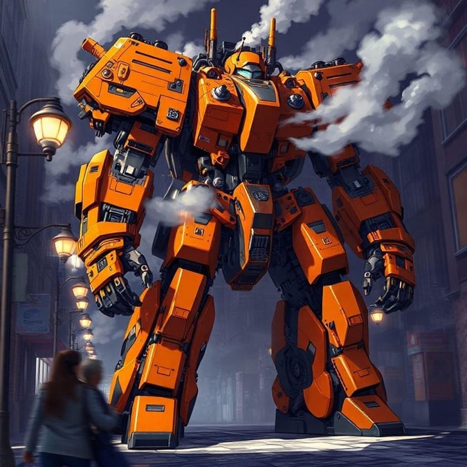 This anime-inspired steampunk mecha wallpaper brings the future to life with its vibrant orange and black armor, set against a dark background. The blurred pedestrian in the distance adds a sense of motion, while the intricate details of its gears and mechanical parts tell a story of power and innovation.