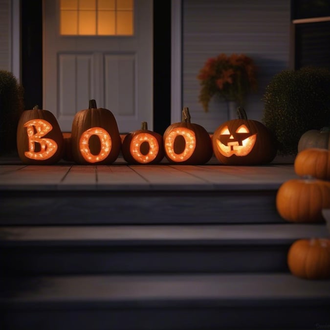 A festive scene featuring a lit-up jack-o'-lantern with the spooky phrase 'BOO BOO BOO' on a porch, surrounded by pumpkins and autumn decorations.