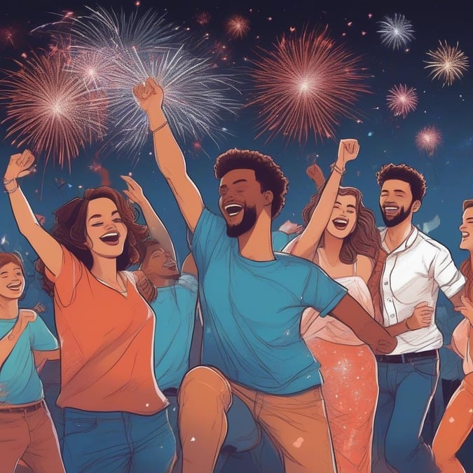 A lively scene of friends gathered to watch fireworks on Independence Day. The celebratory atmosphere is palpable as they cheer and enjoy the moment.