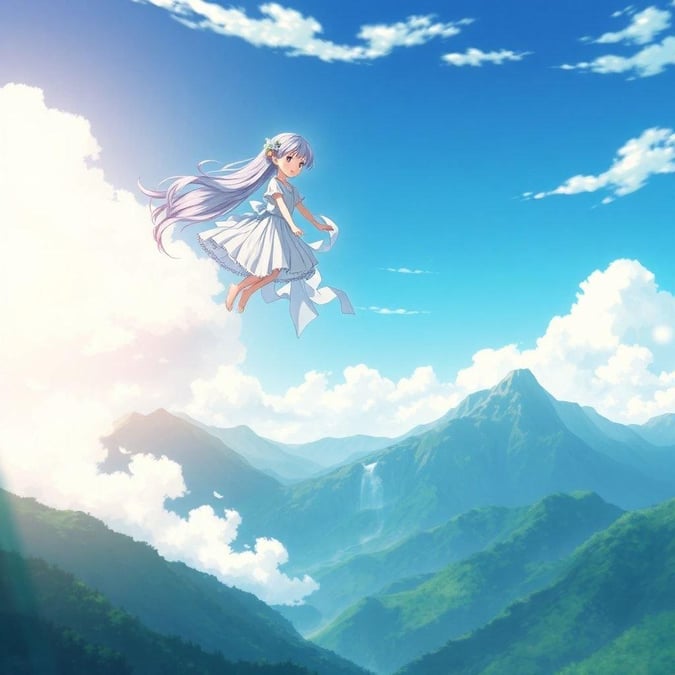 This serene anime illustration features a young girl floating on a cloud above a majestic mountain range, her hair flowing like a waterfall. The scene is a peaceful, animated depiction of a calm and serene atmosphere, with a soothing palette of blue and green hues.