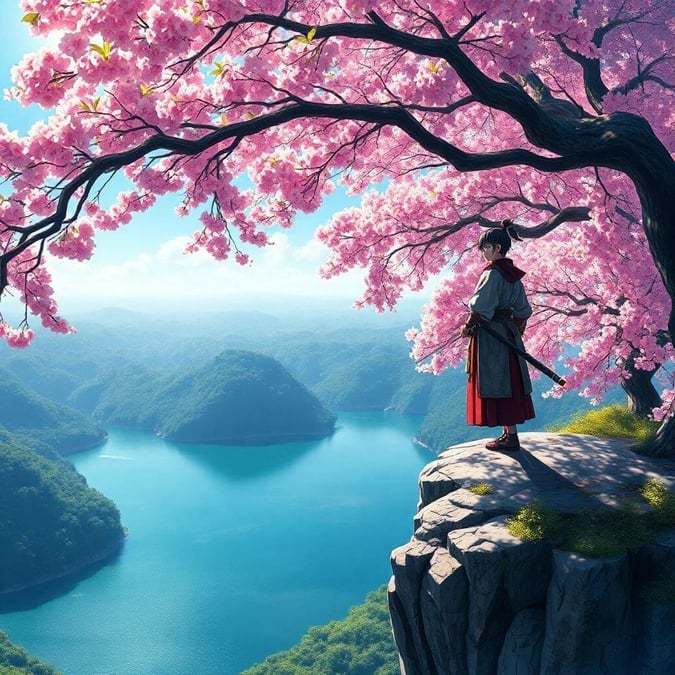 Immerse yourself in the serene beauty of this anime-inspired wallpaper, featuring a young samurai standing on a cliff, surrounded by a forest of cherry blossom trees, overlooking a large lake.