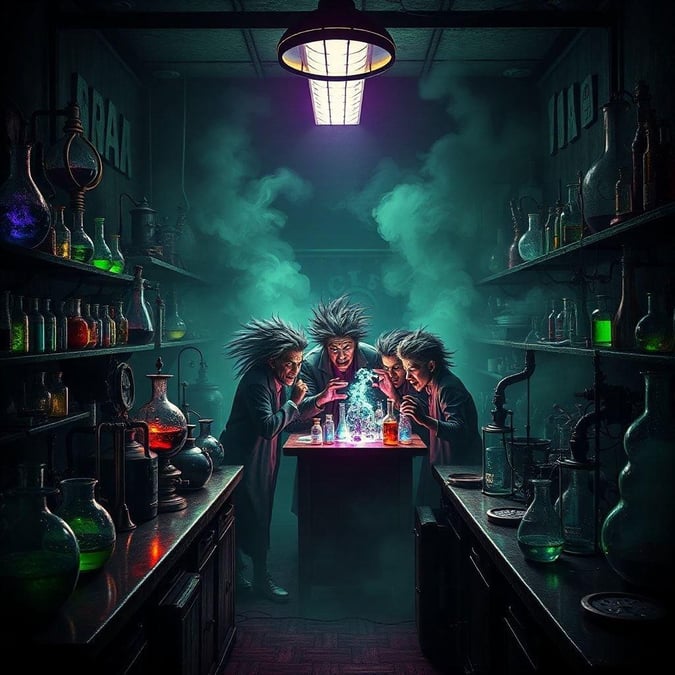 A trio of wizards gathered in an alchemical laboratory, brewing potions under the glow of phosphorescent beakers and flasks. The air is thick with the scent of mystery and the whispering promise of magical elixirs.