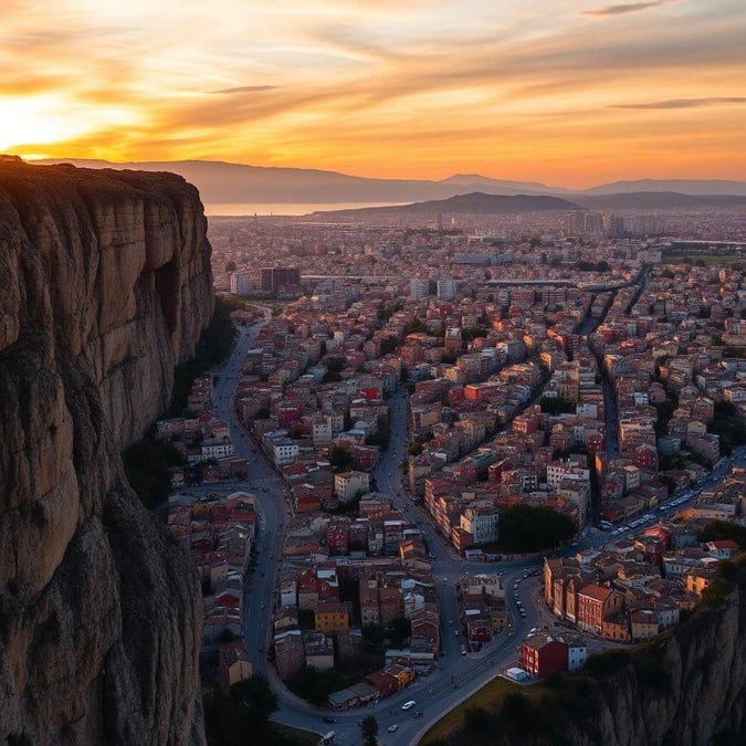 The breathtaking vista of a city from the mountain cliff, with the sun setting behind the buildings, creating a stunning contrast against the sky.