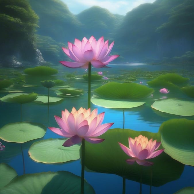 A serene morning scene with water lilies blooming over a tranquil pond, set against the backdrop of a sunrise.