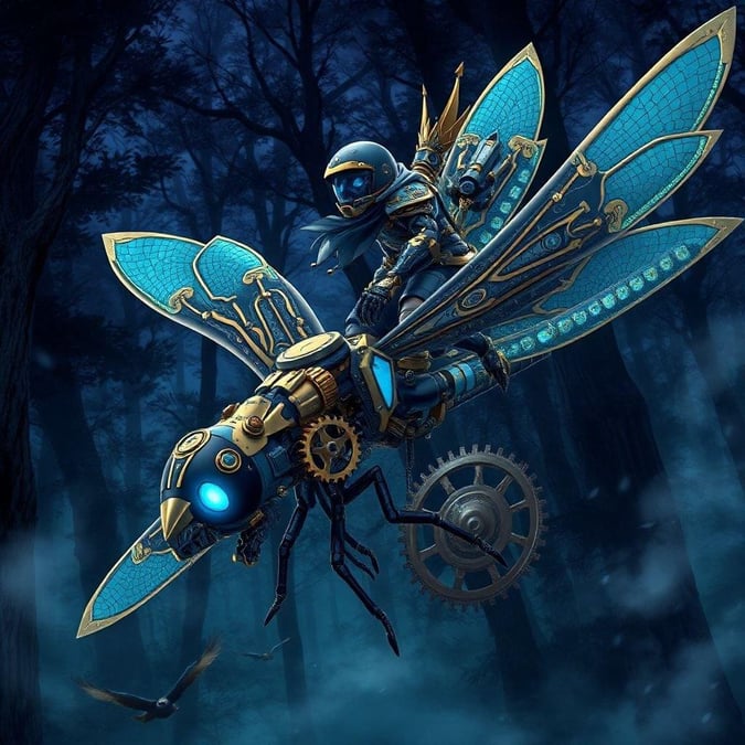 A fantastical blend of anime style with steampunk elements. A warrior dressed in a black and gold armor rides a mechanical dragonfly, set against the backdrop of a mysterious forest.