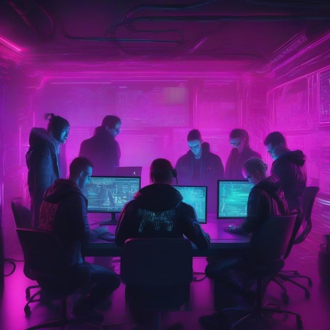 A group of cyberpunk gamers, immersed in a futuristic digital battle.