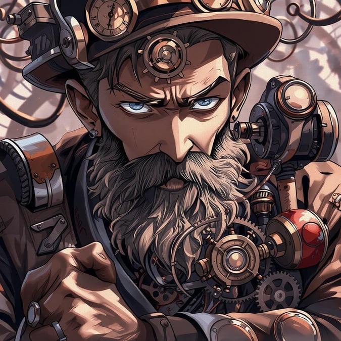 Dyk ner i steampunkens värld med denna fängslande tapet som visar en detaljerad digital illustration av en uppfinnare omgiven av intrikata klockverk.