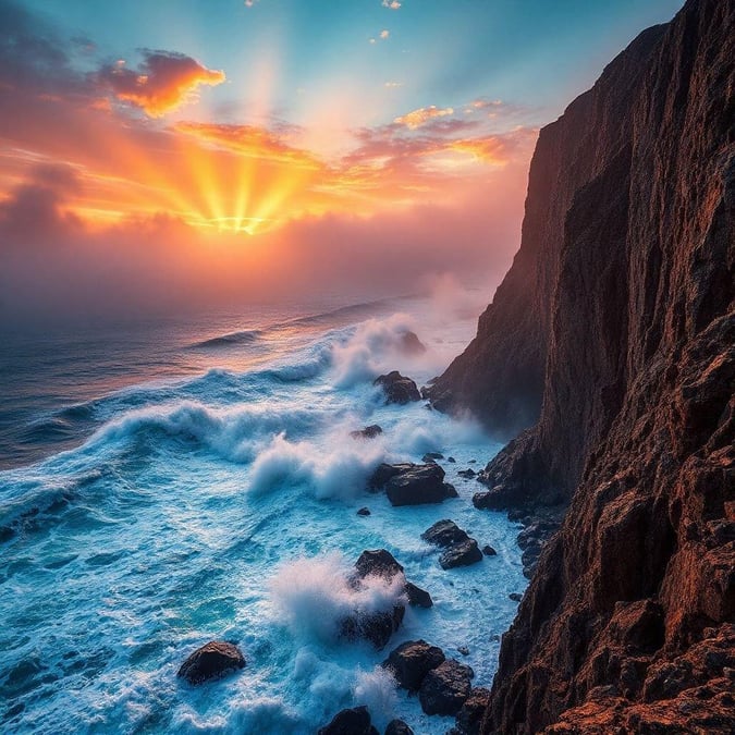 This captivating image features a stunning sunrise viewed from a cliff overlooking the ocean. The vibrant colors of the sky are reflected in the choppy water below, creating a dynamic and serene scene. This wallpaper is perfect for desktop or mobile use, offering a sense of tranquility and the beauty of nature.